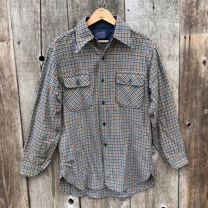 Vintage 70s Pendleton Houndstooth Plaid 100% Wool Flannel Shirt Medium